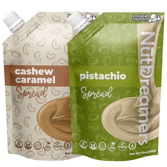 Golden Duo | Pistachio Spread + Cashew Caramel Spread – No Sugar Added, Palm Oil Free, Gourmet Nut Butter Bundle