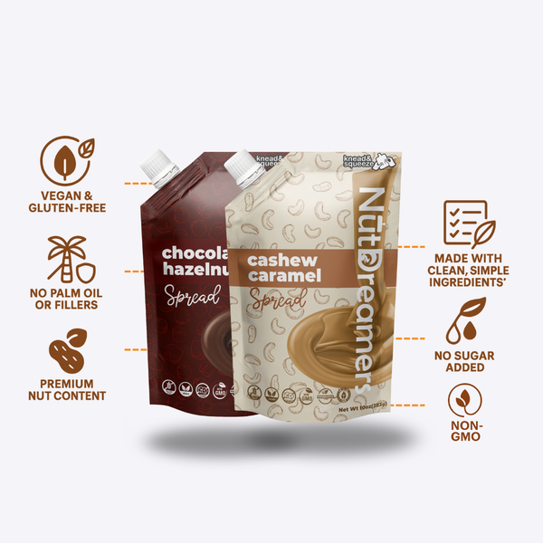 Two Nut Dreamers spreads one chocolate hazelnut and one cashew caramel, with health benefits listed on a white background.