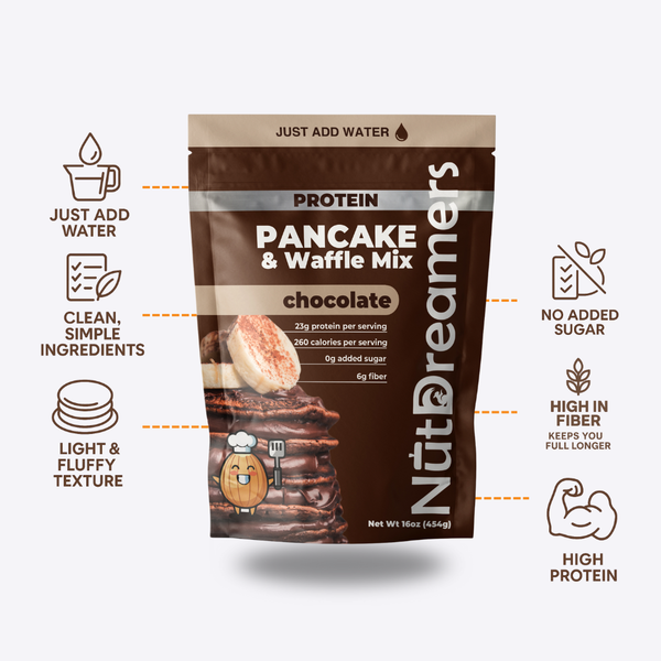Chocolate protein pancake and waffle mix package with Nut Dreamers branding on a white background
