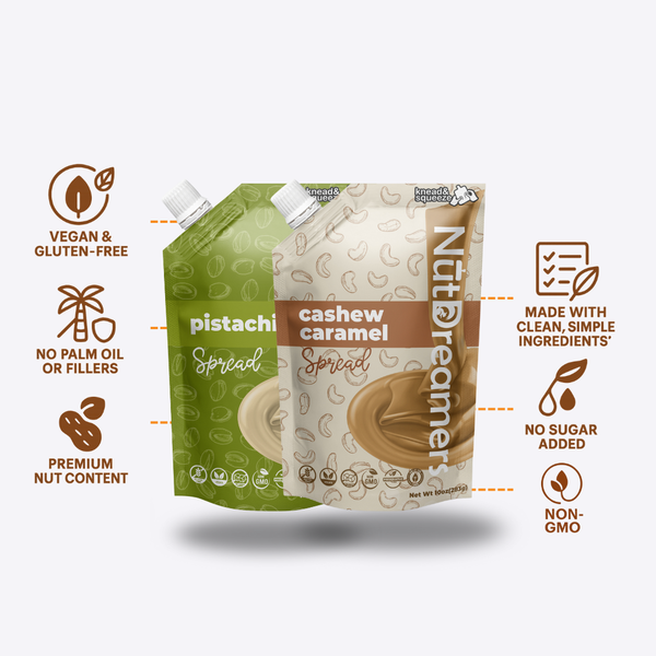 Two Nut Dreamers nut spreads with health benefits listed on a white background