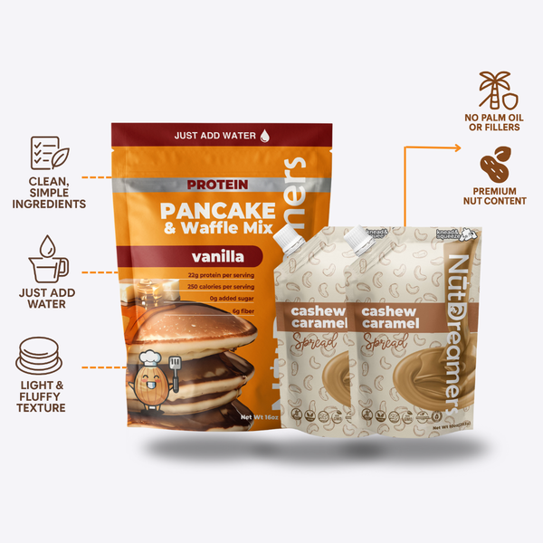 Protein pancake and waffle mix packaging with NutDreamer cashew caramel spread on a white background.