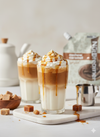 Cashew caramel nut butter spread by Nut Dreamers styled with iced caramel lattes and whipped cream — clean ingredient nut butter
