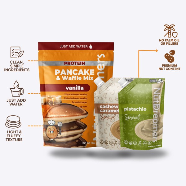 Pistachio Caramel Bundle — vanilla protein pancake mix with pistachio and cashew caramel nut butter spreads by Nut Dreamers